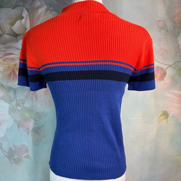 Vintage 90s Y2K Plugg Red & Blue Striped Ribbed Mock Neck Shirt - Picture 4 of 5